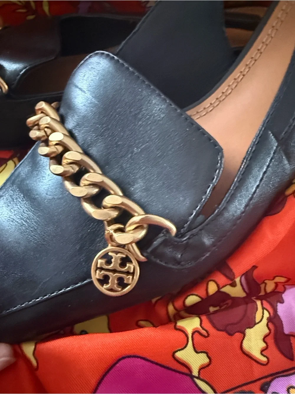 Tory Burch Black Leather Slingback Mules with Gold Chain Accent